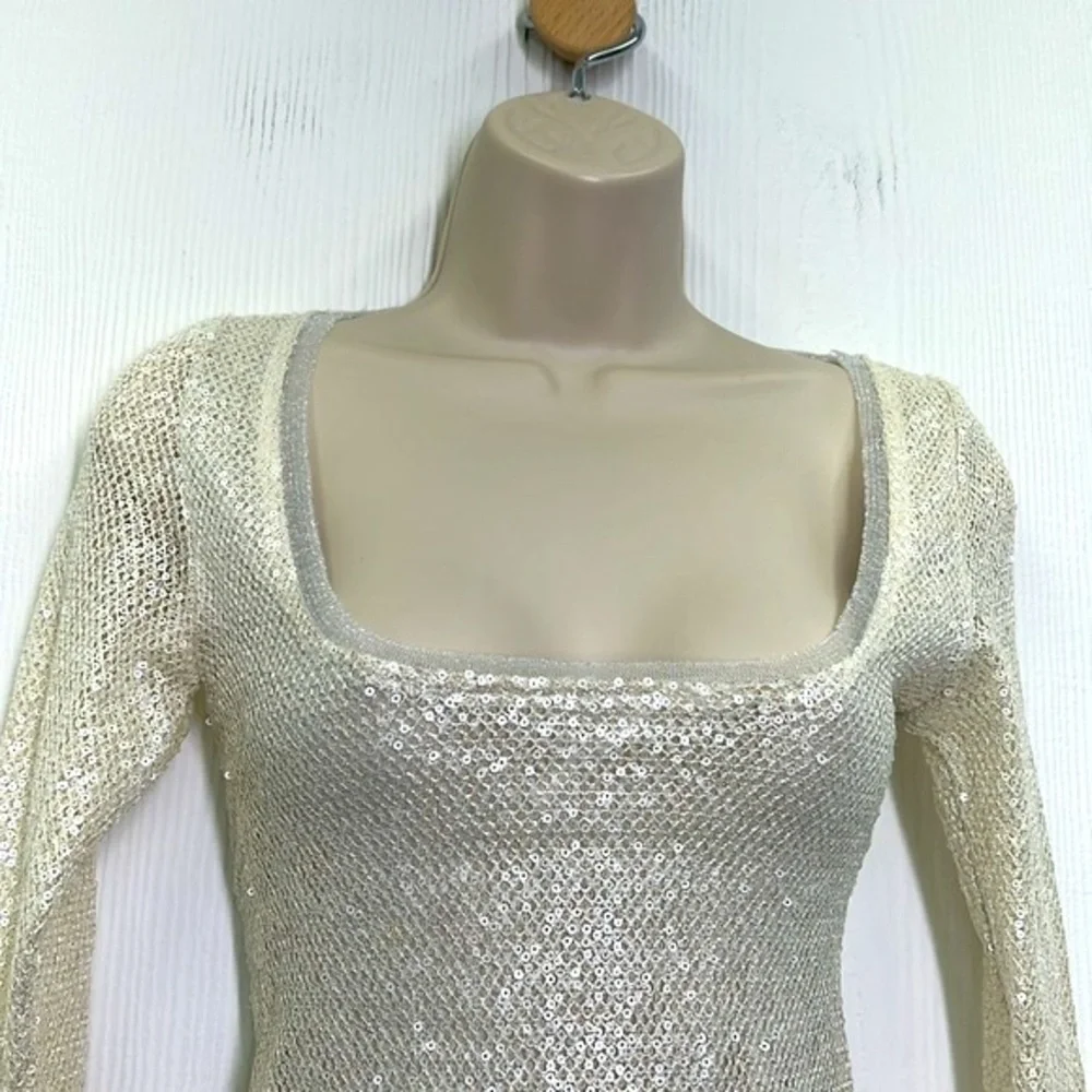 Free People - Late Night Disco Ivory Silver Sequins Embellishment Crop Blouse XS